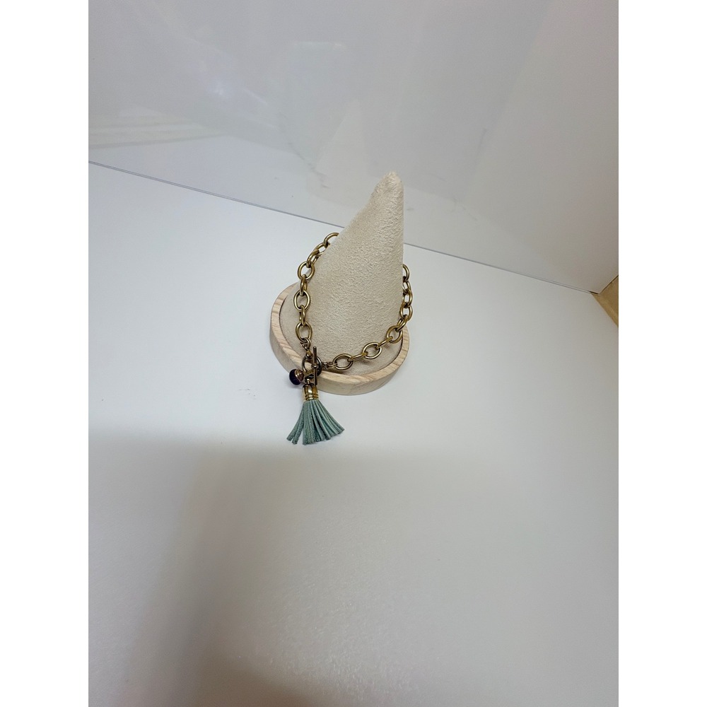Gold Tone Cable Chain Tassel Charm Bracelet Purple Bead Toggle Closure